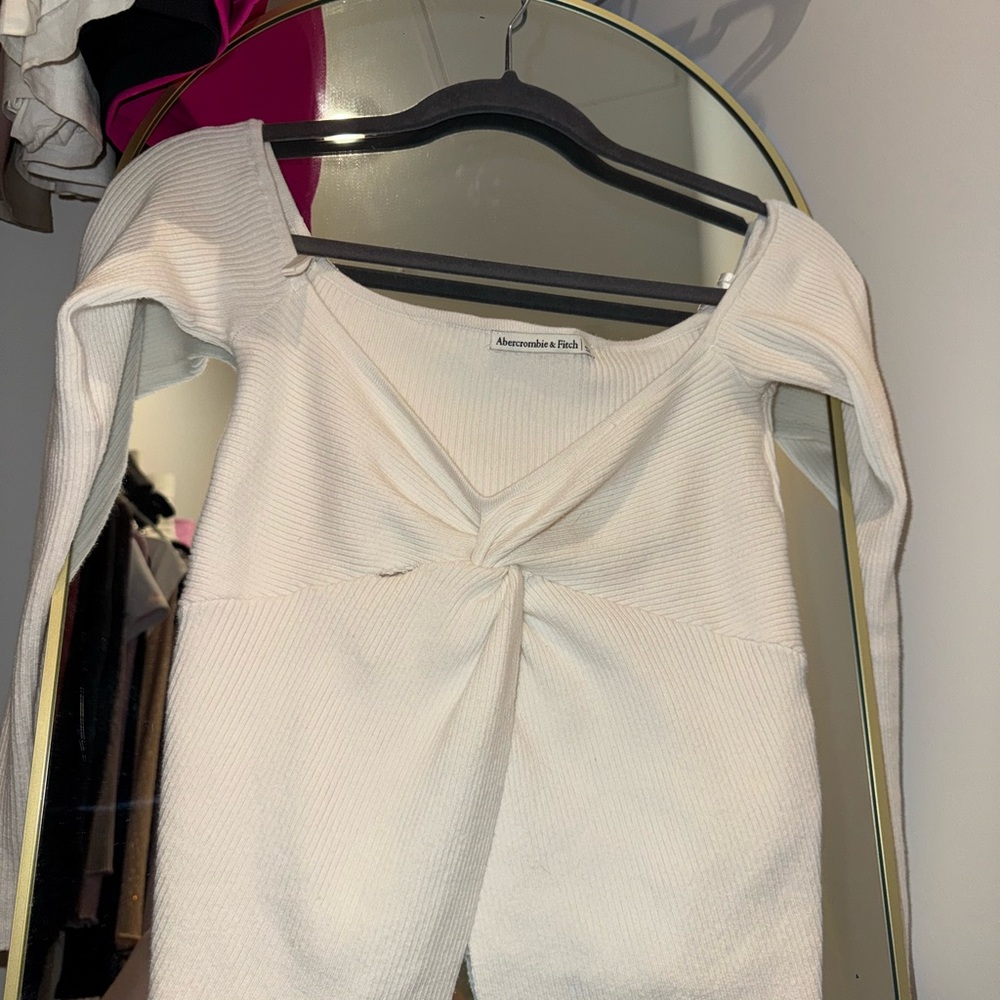 Abercrombie & Fitch Cream Twist-Front Ribbed Long Sleeve Top